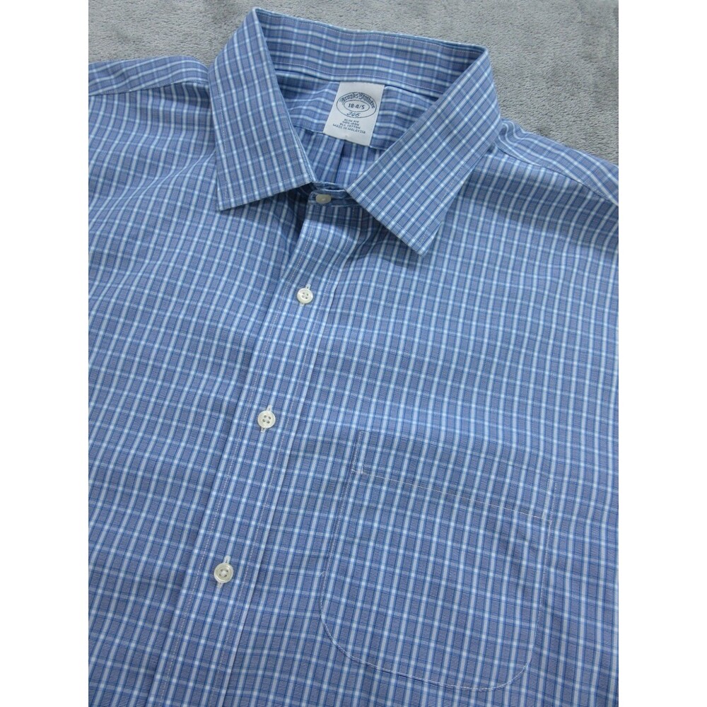 Brooks Brothers 346 Shirt Men's 18 4/5 Slim Fit Non-Iron Plaid Blue Long Slv